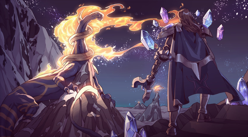 1boy armor brown_hair cape crystal duplicate facing_away fire gem league_of_legends lizard male_focus mountain night night_sky outdoors pixel-perfect_duplicate shoulder_armor sky standing taric wenny02