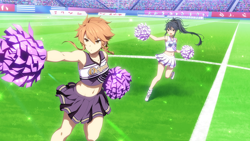 2girls black_hair braided_sidelock brown_eyes cheerleader collarbone cropped_shirt game_cg grey_eyes holding holding_pom_poms long_hair midriff miniskirt multiple_girls navel official_art open_mouth orange_hair parted_lips pleated_skirt pom_pom_(cheerleading) pom_poms ponytail print_shirt purple_shirt purple_skirt shidou_maki_(toji_no_miko) shirt shoes short_hair skirt stadium standing standing_on_one_leg toji_no_miko toji_no_miko:_kizamishi_issen_no_tomoshibi v-shaped_eyebrows white_footwear white_shirt white_skirt yamashiro_yui