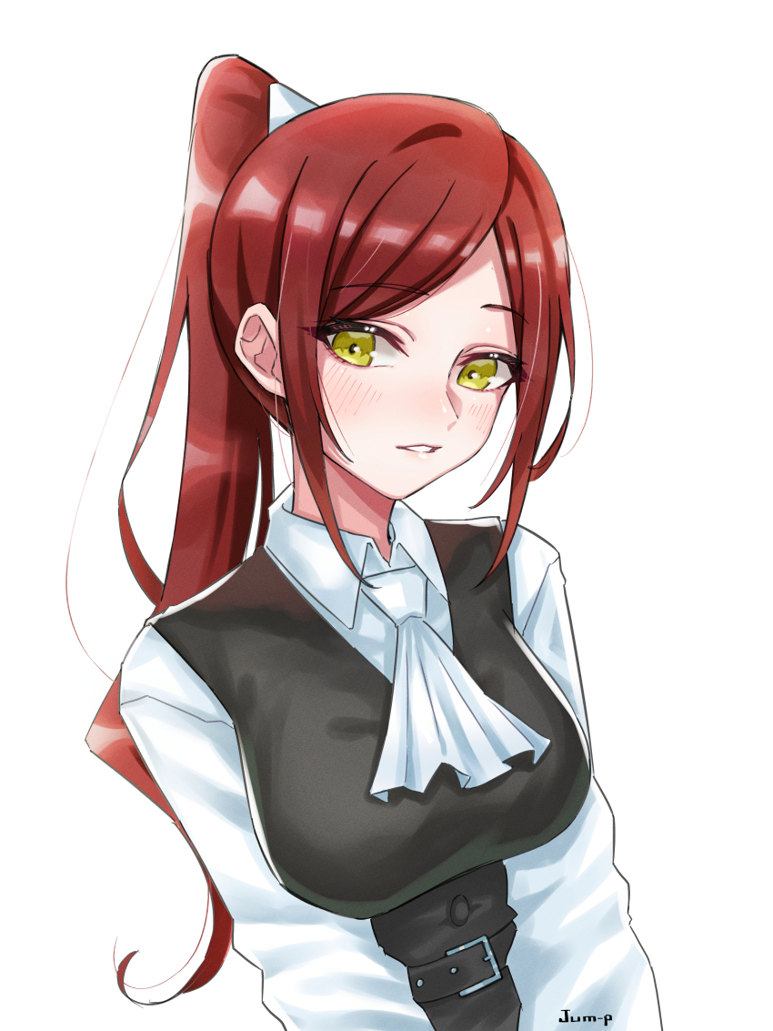1girl absurdres artist_name ascot black_vest breasts brown_hair commentary female_focus green_eyes highres jjum_pp kimi_no_koto_ga_dai_dai_dai_dai_daisuki_na_100-nin_no_kanojo large_breasts long_hair looking_at_viewer parted_bangs parted_lips ponytail shirt simple_background smile solo torotoro_kishika upper_body vest white_ascot white_background white_shirt wing_collar