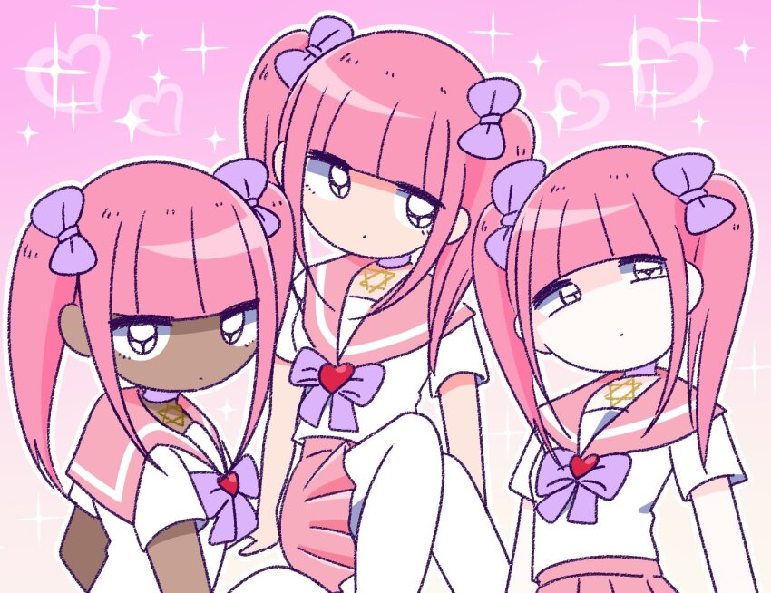 3girls black_eyes blouse blunt_bangs bow bowtie braid choker closed_mouth dark-skinned_female dark_skin expressionless ezaki_bisuko gradient_background hair_bow heart hexagram jitome long_hair looking_at_viewer menhera-chan_(ezaki_bisuko) menhera-chan_(ezaki_bisuko)_(character) multiple_girls multiple_persona outline pale_skin pink_background pink_hair pink_sailor_collar pink_skirt pleated_skirt purple_bow purple_bowtie purple_choker sailor_collar school_uniform serafuku shirt short_sleeves sitting skirt standing star_of_david straight_hair twin_braids white_background white_hair white_outline