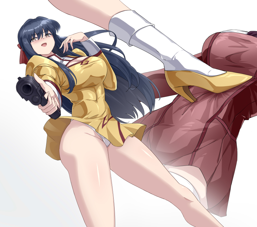 1girl absurdres agent_aika aika_(series) aiming aiming_at_viewer alternate_breast_size ass blue_hair blush bobby_socks breasts brown_eyes cleavage_cutout clothes_lift clothing_cutout crotch_seam curvy delmogeny_uniform dress dress_lift golden_delmo gun handgun high_heels highres holding juliet_sleeves large_breasts long_hair long_sleeves multiple_views panties pantyshot puffy_sleeves rie_petoriyacowa sin_(pixiv17875500) socks solo standing thong underwear weapon white_panties wide_hips wind wind_lift yellow_dress zoom_layer
