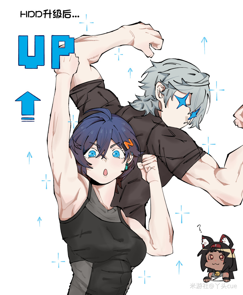1boy 1girl absurdres alternate_muscle_size arms_up belle_(zenless_zone_zero) black_shirt blue_eyes flexing hair_ornament highres letter_hair_ornament muscular muscular_female muscular_male nekomiya_mana shirt simple_background sparkling_eyes sportswear white_background wise_(zenless_zone_zero) yatou_cue zenless_zone_zero