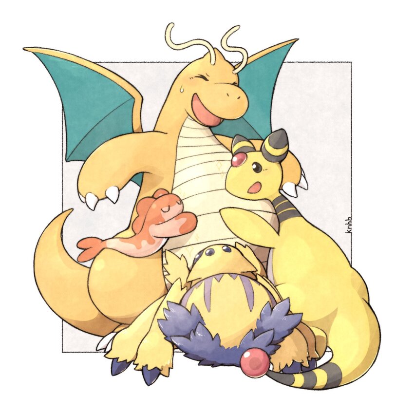 :d ampharos animal_focus border claws closed_eyes colored_skin commentary_request dragon dragon_wings dragonite galvantula gen_1_pokemon gen_2_pokemon gen_5_pokemon grey_background highres hug knhb_tail nintendo no_humans open_mouth orange_skin outside_border pokemon pokemon_(creature) simple_background smile sweat tail tatsugiri tatsugiri_(curly) white_border wings yellow_skin