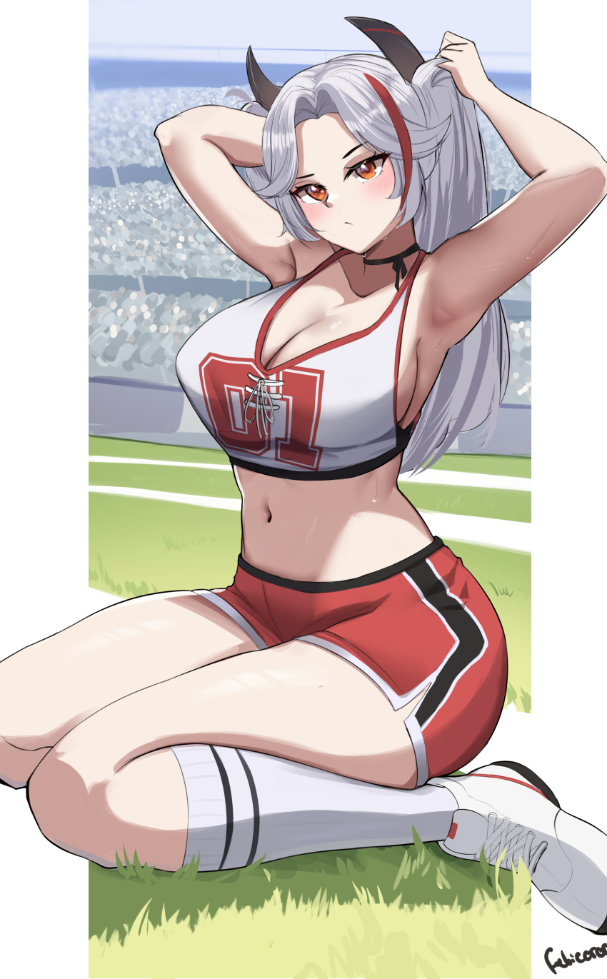 1girl absurdres adjusting_hair armpits azur_lane black_choker breasts choker cleavage closed_mouth commentary english_commentary febicoron field full_body grass highres kneehighs large_breasts long_hair looking_at_viewer midriff navel orange_eyes outdoors presenting_armpit prinz_eugen_(azur_lane) prinz_eugen_(brilliant_touchdown)_(azur_lane) red_shorts shorts sitting socks solo wariza white_hair white_socks