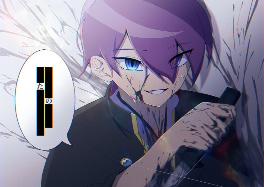 1boy arm_at_side atltax_00 bar_censor black_jacket blue_eyes censored dappled_sunlight double-parted_bangs eyes_visible_through_hair facing_to_the_side grin holding holding_knife implied_murder jacket knife light_particles looking_at_viewer male_focus open_clothes open_jacket paint_in_hair paint_on_clothes paint_on_hands paint_splatter paint_splatter_on_face popped_collar purple_hair purple_shirt shirt smile sougetsu_gakuto speech_bubble sunlight sweatdrop white_background yu-gi-oh! yu-gi-oh!_sevens