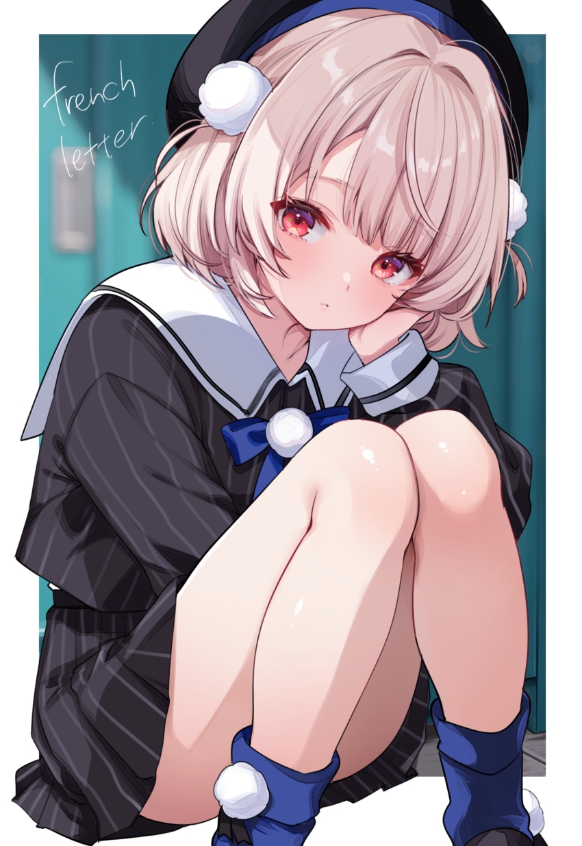 1girl absurdres beret black_hat black_shirt blonde_hair blue_skirt blue_socks border commentary_request fujisaki_hikari hair_ornament hat head_rest highres knees_together_feet_apart knees_up looking_at_viewer miniskirt outside_border pinstripe_pattern pinstripe_shirt pinstripe_skirt pom_pom_(clothes) pom_pom_hair_ornament red_eyes sailor_collar shirt short_hair skirt socks solo striped_clothes striped_shirt striped_skirt thighs ui_(voisona) vertical-striped_clothes vertical-striped_shirt vertical-striped_skirt voisona white_border white_sailor_collar