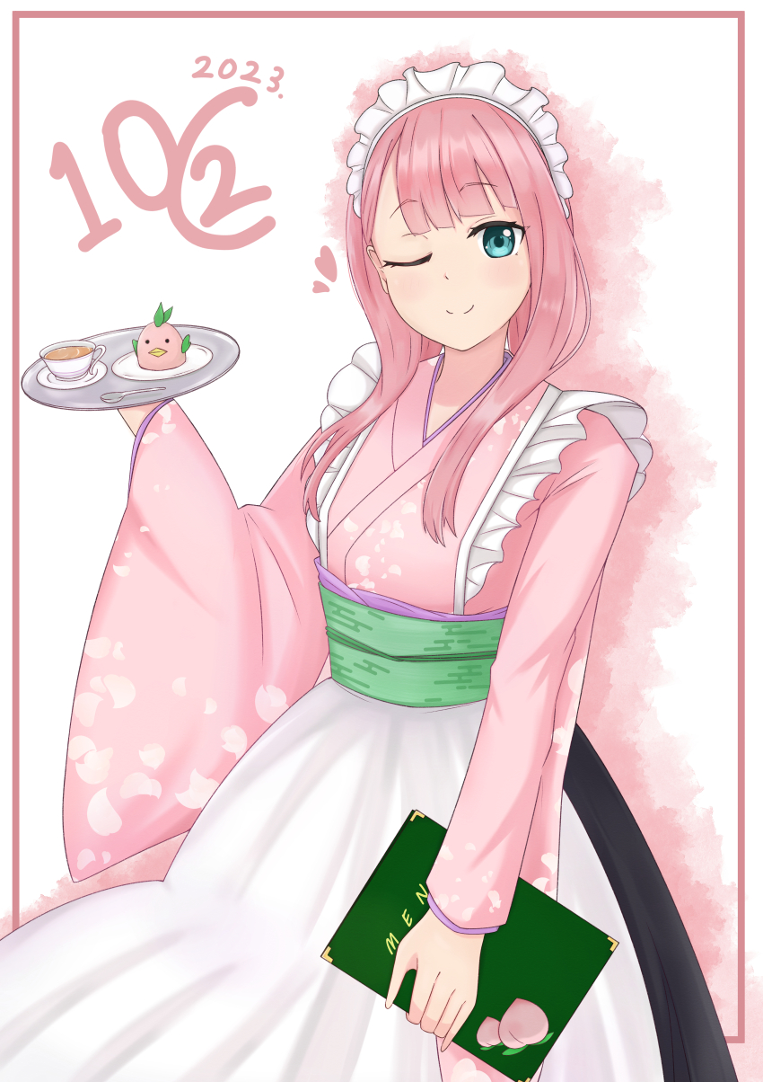 22/7 absurdres apron green_eyes highres japanese_clothes kamiki_mikami long_hair long_sleeves looking_at_viewer maid maid_apron maid_headdress pink_hair smile takumitu_711