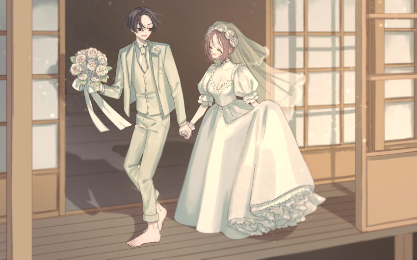 1boy 1girl bouquet brown_eyes brown_hair couple dress flower formal_clothes hair_bun highres holding holding_bouquet loose_hair_strand m15391599 parted_bangs sano_manjirou single_hair_bun suit tokyo_revengers wedding_dress wedding_suit white_suit
