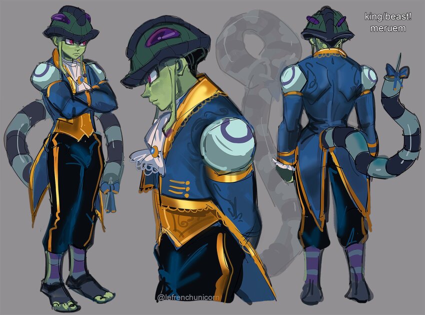 1boy arthropod_boy beast_(disney) beast_(disney)_(cosplay) beauty_and_the_beast_(disney) blue_bow blue_coat bow coat colored_skin cosplay crossed_arms french-unicorn green_skin highres hunter_x_hunter long_earlobes meruem multiple_views purple_eyes standing stinger