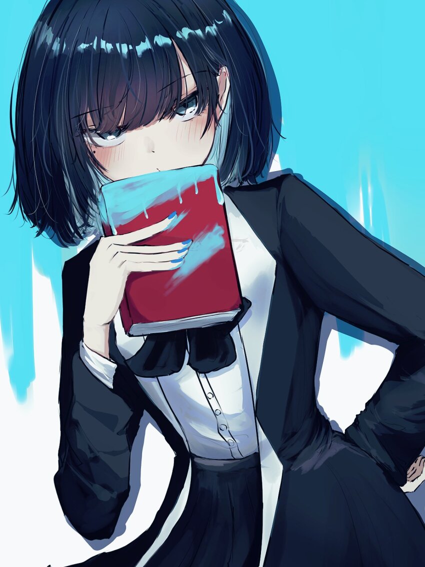 1girl ado_(utaite) black_bow black_bowtie black_coat black_hair black_skirt blue_eyes blue_hair blue_nails blush book bow bowtie chando_(ado) coat colored_inner_hair commentary dress_shirt hand_on_own_hip hashtag-only_commentary highres holding holding_book long_sleeves looking_at_viewer mole mole_under_eye multicolored_hair nail_polish no_gloves open_clothes open_coat shirt short_hair skirt solo tanake_(tanakei_ado) utaite white_shirt