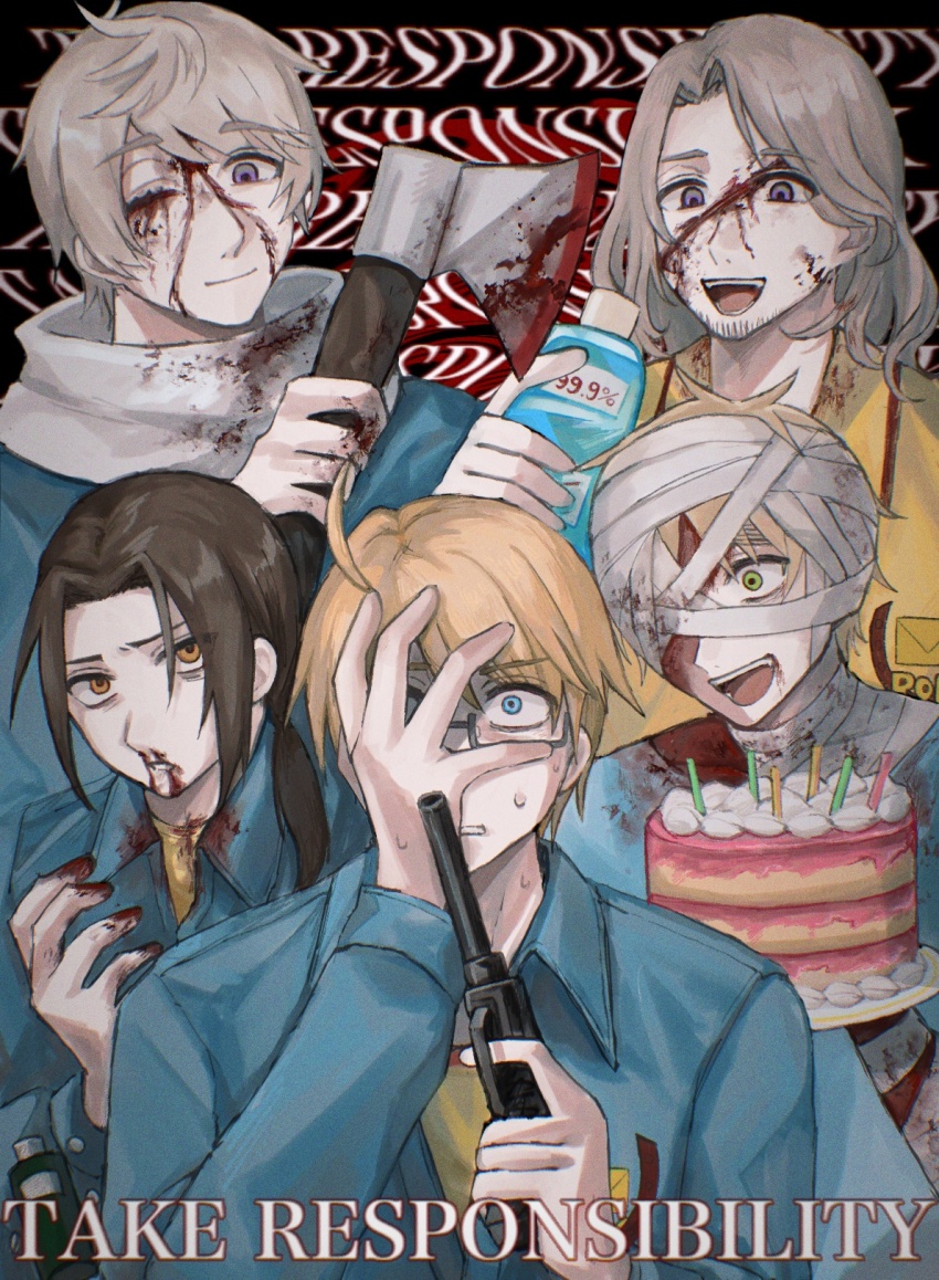 5boys america_(hetalia) axe axis_powers_hetalia bandaged_head bandages black-framed_eyewear blonde_hair blood blood_on_axe blood_on_face blood_on_hands bloody_bandages blue_eyes blue_jacket bottle brown_hair cake candle china_(hetalia) collared_jacket collared_shirt crossover english_text facial_hair food france_(hetalia) glasses green_eyes grey_hair gun hand_on_own_face hand_up handgun hands_up highres himoon666 holding holding_axe holding_gun holding_plate holding_weapon jacket long_hair long_sleeves looking_at_another looking_at_viewer low_ponytail male_focus mouthwash mouthwashing multiple_boys nosebleed one_eye_closed open_clothes open_jacket open_mouth orange_eyes plate pony_express_uniform ponytail purple_eyes russia_(hetalia) scar scar_on_face scarf semi-rimless_eyewear shirt short_hair sidelocks smile sweat teeth united_kingdom_(hetalia) upper_body weapon white_scarf yellow_shirt