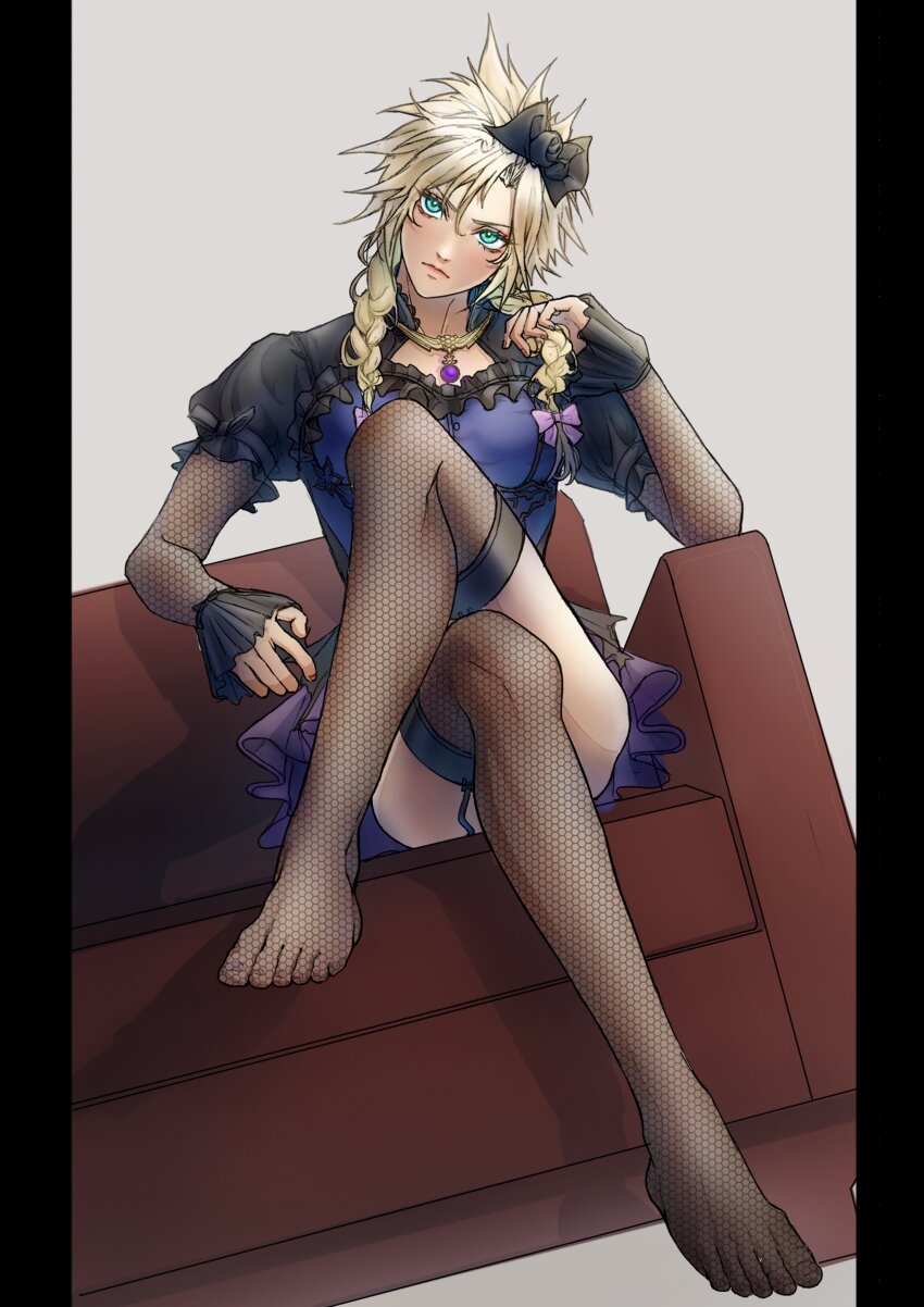 1boy absurdres blonde_hair blue_eyes bow braid cloud_strife cloud_strife_(blue_dress) couch crossdressing crossdressing_(mtf) crossed_legs dress final_fantasy final_fantasy_vii final_fantasy_vii_remake fishnet_thighhighs fishnets frilled_sleeves frills garter_straps hair_bow head_tilt highres jewelry messa_mo necklace official_alternate_costume official_alternate_hairstyle purple_dress solo spiked_hair thighhighs trap twin_braids two-tone_dress