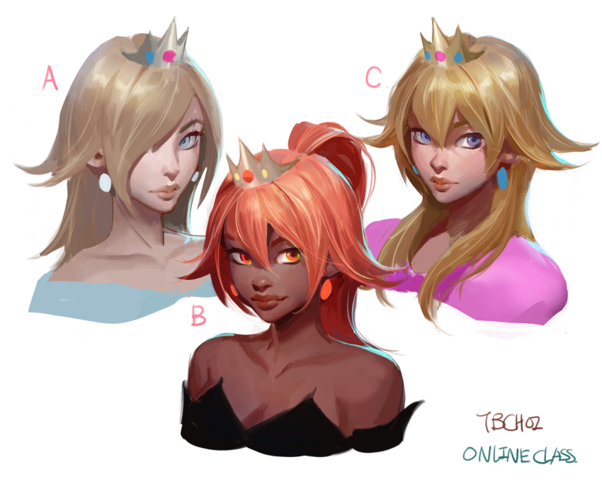 3girls artist_name bare_shoulders blonde_hair blue_eyes bowsette closed_mouth dark-skinned_female dark_skin earrings english_text female_focus hair_between_eyes hair_over_one_eye highres jewelry lips looking_at_viewer mario_(series) multiple_girls new_super_mario_bros._u_deluxe nintendo orange_eyes orange_hair ponytail princess_peach rosalina signature simple_background sketch super_mario_bros._1 super_mario_galaxy tb_choi12 tiara upper_body white_background