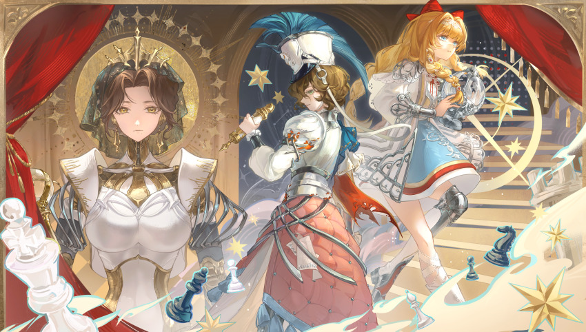3girls absurdres android armor asymmetrical_footwear bishop_(chess) black_veil blonde_hair boots bow breastplate breasts brown_hair chess_piece curtains dress earrings feet_out_of_frame green_eyes hair_bow hairband hat highres holding holding_scroll jewelry joints king_(chess) kiperina knight_(chess) lace-trimmed_hairband lace_trim large_breasts long_sleeves lucy_(reverse:1999) mole mole_under_mouth multiple_girls official_alternate_costume pawn_(chess) pink_skirt poleyn profile puffy_long_sleeves puffy_sleeves queen_(chess) recoleta_(reverse:1999) red_bow reverse:1999 robot_girl robot_joints rook_(chess) scroll shako_cap shirt short_hair skirt sparkle tiara uneven_footwear upper_body veil white_boots white_dress white_hat white_shirt xiaoji_chuangzao yellow_eyes