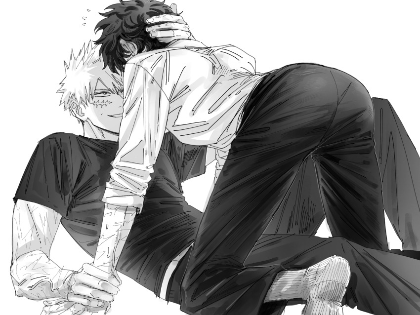 2boys bakugou_katsuki belt boku_no_hero_academia facial_scar greyscale grin hand_on_another&#039;s_head hand_on_another&#039;s_wrist highres kneeling leaning leaning_back looking_at_viewer looking_up male_focus midoriya_izuku monochrome multiple_boys multiple_scars nono0o715 pants parted_bangs sanpaku scar scar_on_arm scar_on_cheek scar_on_face shirt short_hair short_sleeves simple_background sleeves_rolled_up smile socks t-shirt teeth white_background yaoi