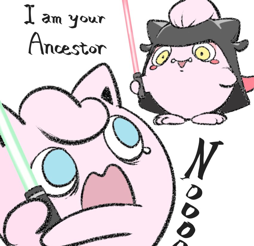 :o animal_focus blue_eyes colored_skin darth_vader energy_sword fangs gen_1_pokemon helmet highres holding holding_sword holding_weapon horrified i_am_your_father_(meme) jedi jigglypuff jigglypuffhatta lightsaber looking_at_another multiple_others nintendo no_humans parody pink_skin pokemon pokemon_(creature) pun scream_tail sith standing star_wars star_wars:_the_empire_strikes_back surprised sword tears trait_connection wavy_mouth weapon white_background yellow_eyes