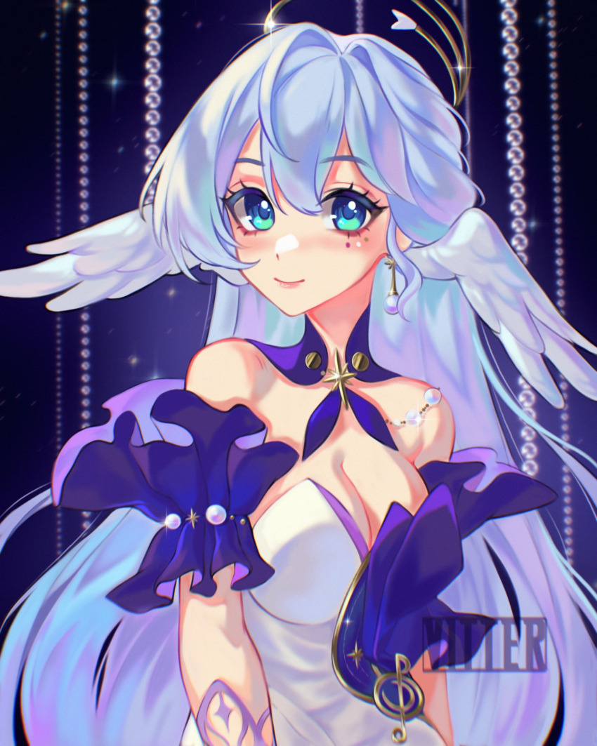 1girl aqua_eyes blue_hair breasts cleavage commentary detached_collar detached_sleeves dress hair_intakes head_wings highres honkai:_star_rail honkai_(series) large_breasts long_hair looking_at_viewer medium_breasts purple_dress robin_(honkai:_star_rail) smile solo strapless strapless_dress two-tone_dress upper_body very_long_hair vitter white_dress wings