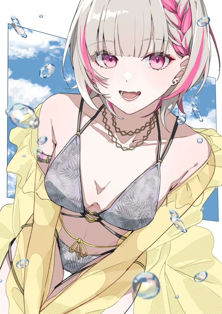 1girl asumi_sena asumi_sena_(vspo!_summer_2024) bikini blush braid earrings fang grey_bikini grey_hair highres jacket jewelry knt_572 lower_teeth_only multicolored_hair necklace open_mouth pink_eyes pink_hair solo streaked_hair swimsuit teeth two-tone_hair virtual_youtuber vspo! water_drop yellow_jacket