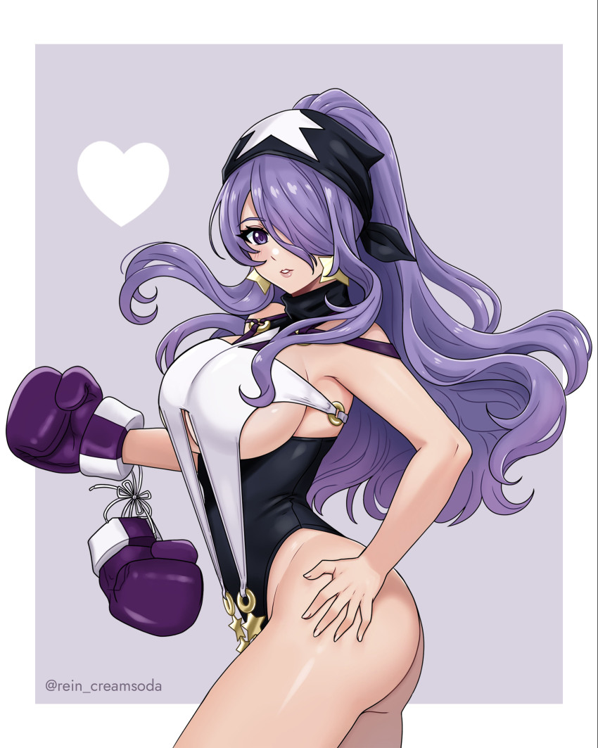 1girl absurdres alternate_costume boxing boxing_gloves breasts camilla_(fire_emblem) commission cosplay earrings fire_emblem fire_emblem_fates hair_over_one_eye highres jewelry large_breasts leotard long_hair looking_at_viewer nintendo purple_eyes purple_hair rein_creamsoda solo star_(symbol) star_earrings tiffany_lords_(cosplay) underboob wavy_hair