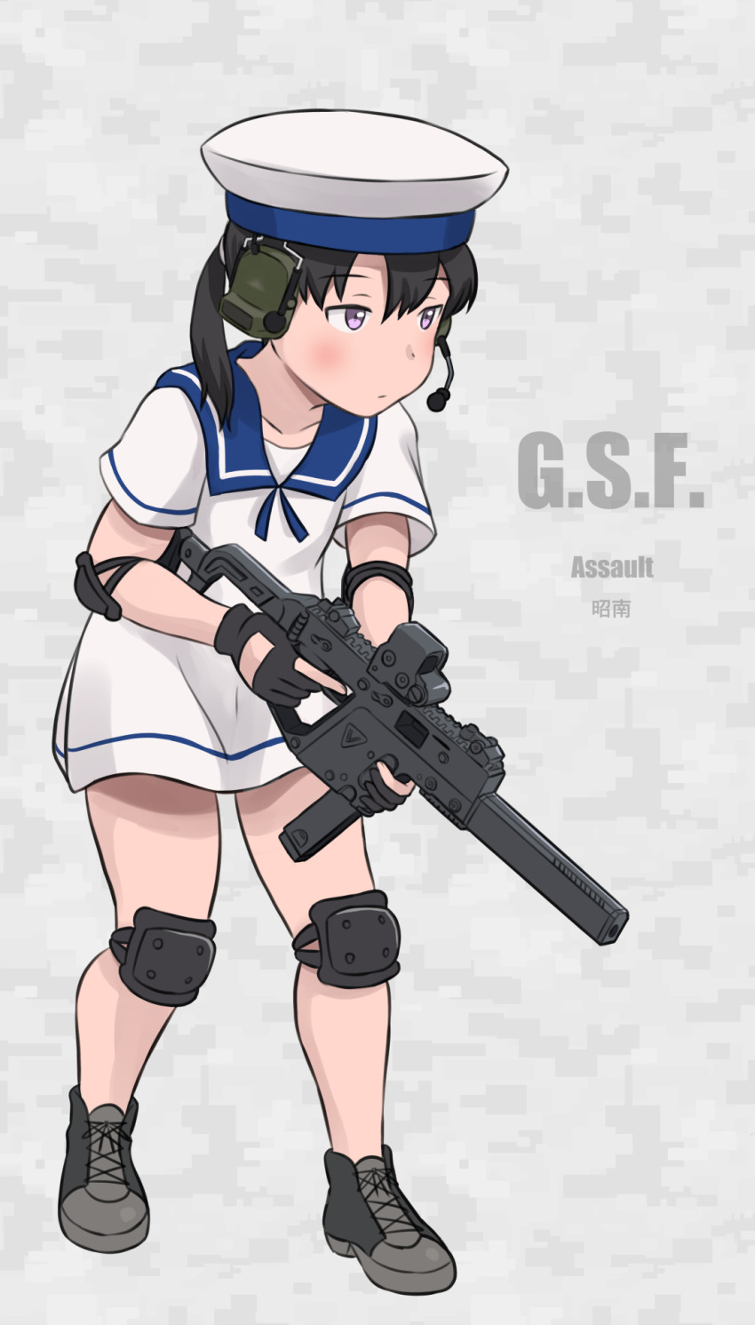 1girl black_hair blue_collar collar dress gun hat headset highres holding holding_gun holding_weapon kantai_collection kriss_usa kriss_vector magpul osprey_45 polygonal_suppressor purple_eyes sailor_dress sailor_hat short_hair short_sleeves shounan_(kancolle) silencerco solo standing submachine_gun suppressor transformational_defense_industries tsukemon twintails weapon white_dress white_hat