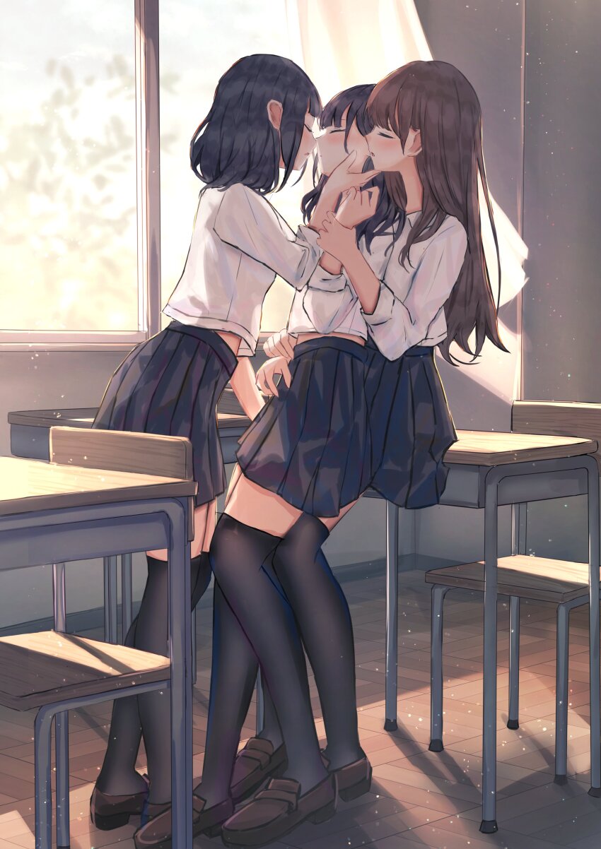3girls absurdres benevole black_hair black_skirt black_thighhighs blush brown_hair brown_shoes chair closed_eyes commentary_request curtains desk hand_on_another&#039;s_cheek hand_on_another&#039;s_face highres holding_another&#039;s_wrist leaning_on_table light_particles loafers long_hair medium_hair midriff_peek multiple_girls open_mouth original pleated_skirt school_chair school_desk shirt shoes skirt standing thighhighs three-quarter_sleeves white_shirt window yuri zettai_ryouiki