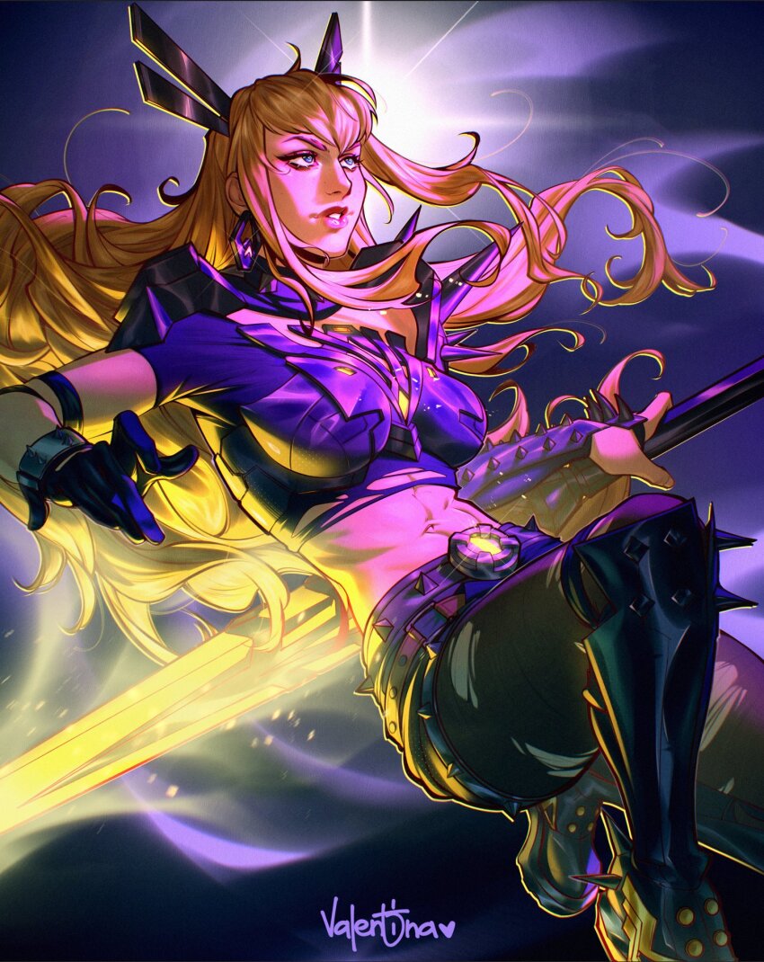 1girl black_boots black_gloves black_pantyhose black_shorts blonde_hair blue_eyes boots gloves highres holding holding_weapon long_hair magik_(x-men) marvel midriff navel pantyhose short_shorts shorts signature solo spiked_boots torn_clothes torn_pantyhose valentina_tavolilla weapon x-men