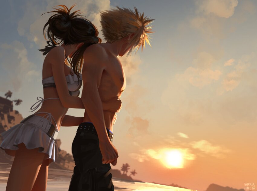 1boy 1girl absurdres beach bikini bikini_skirt black_hair blonde_hair breasts cleavage cloud_strife cloud_strife_(wild_surf) final_fantasy final_fantasy_vii final_fantasy_vii_rebirth final_fantasy_vii_remake frilled_bikini frills highres hug hug_from_behind male_swimwear microskirt official_alternate_costume official_alternate_hairstyle palm_tree safaia skirt spiked_hair standing sunset swim_trunks swimsuit thong_bikini tifa_lockhart tifa_lockhart_(shining_spirit) topless_male tree white_bikini