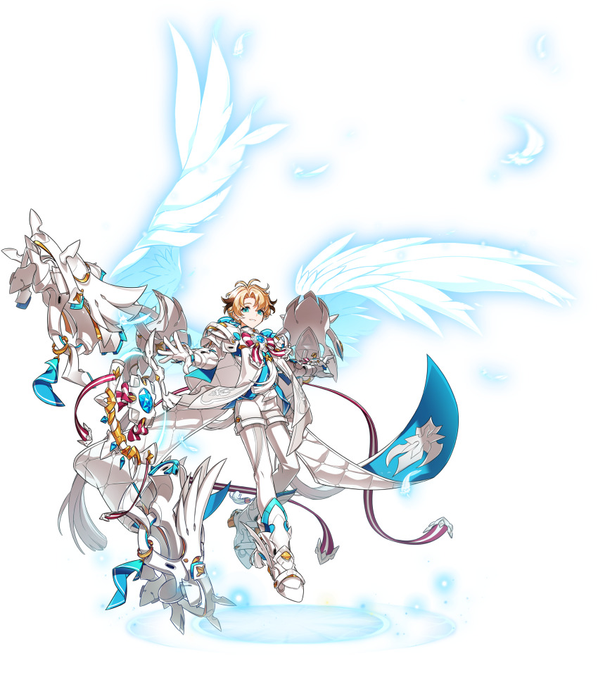 1boy angel_wings antenna_hair armored_boots belt blonde_hair blue_eyes blue_outline blue_shirt boots bow bowtie chung_seiker closed_mouth coat elsword eyelashes feathered_wings feathers floating floating_clothes full_body game_cg happy highres huge_weapon magic_circle male_focus non-web_source official_art outline outstretched_arms pants parted_bangs red_bow red_bowtie shirt short_hair single_stripe smile solo striped_bow striped_bowtie striped_clothes thigh_belt thigh_strap transparent_background weapon white_belt white_boots white_coat white_pants white_wings wings