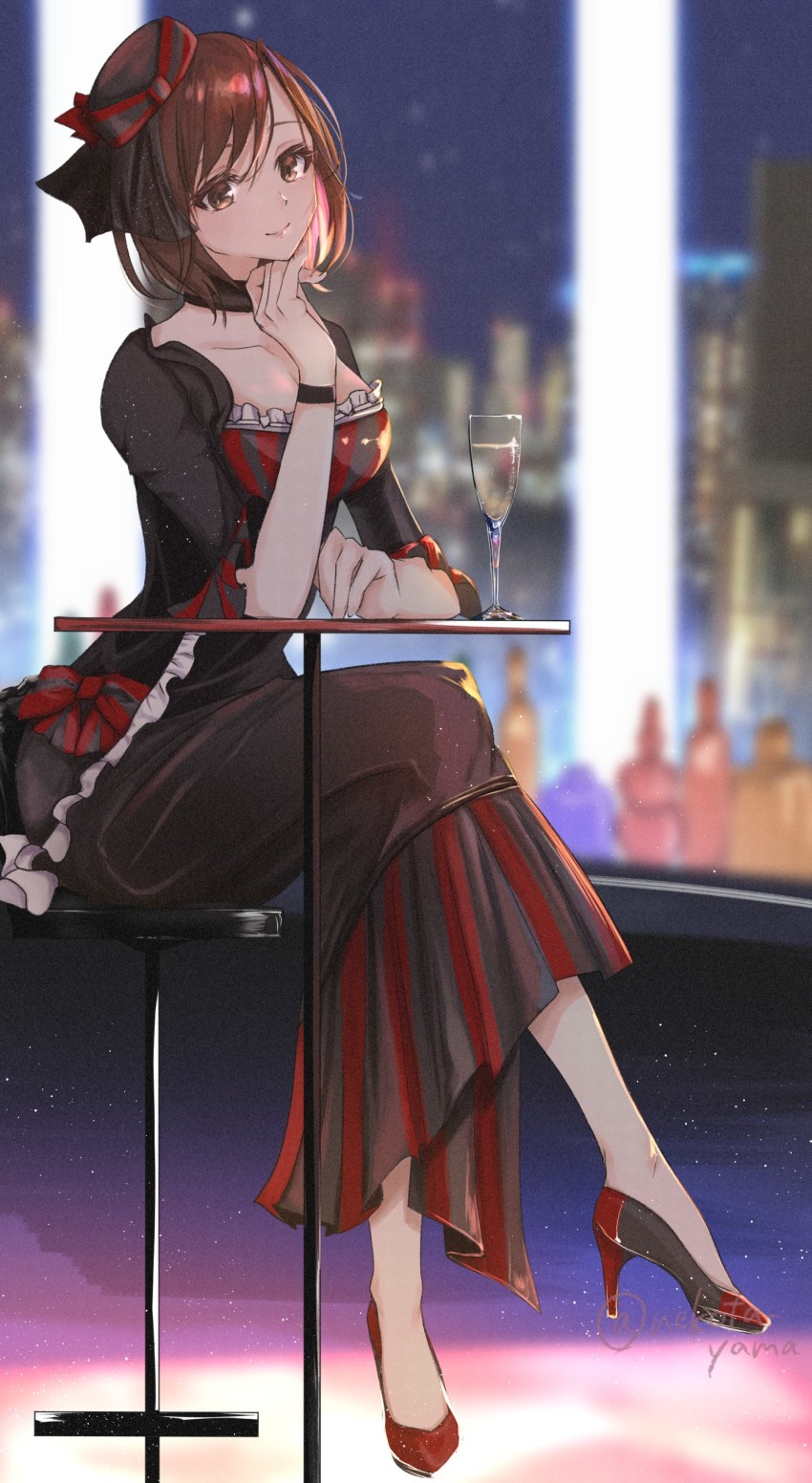 1girl absurdres black_hat blurry blurry_background bow breasts brown_eyes brown_hair champagne_flute choker crossed_legs cup drinking_glass hair_bow hat head_rest high_heels highres looking_at_viewer medium_breasts meiko_(lorelei)_(vocaloid) meiko_(vocaloid) nekota_yama skyline smile solo table vocaloid