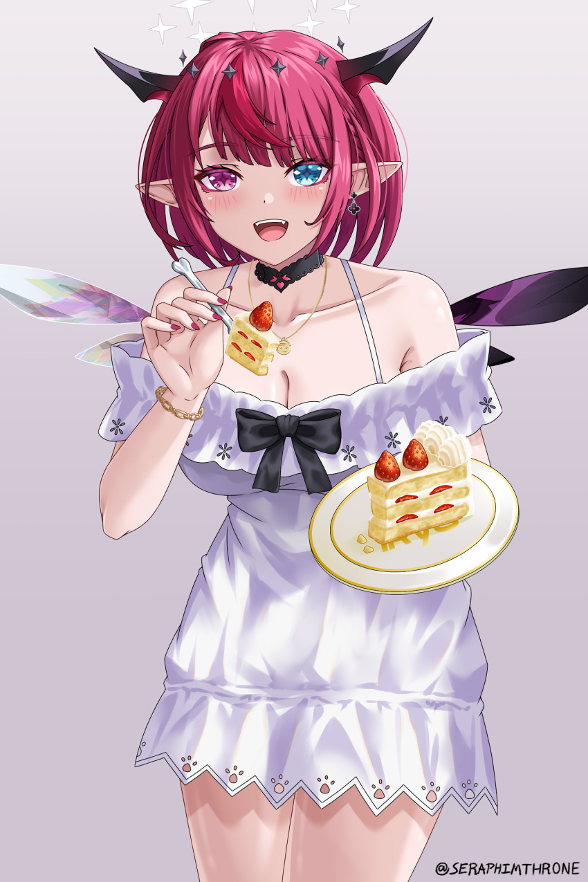 1girl asymmetrical_wings bare_shoulders black_wings breasts cake cleavage collarbone cowboy_shot double_halo dress food fork fruit grey_background halo highres holding holding_fork holding_plate hololive hololive_english horns irys_(casualrys)_(hololive) irys_(hololive) jewelry large_breasts necklace off-shoulder_dress off_shoulder official_alternate_costume plate purple_eyes purple_hair red_hair seraphim_throne simple_background solo star_halo strawberry strawberry_shortcake virtual_youtuber white_dress white_wings wings