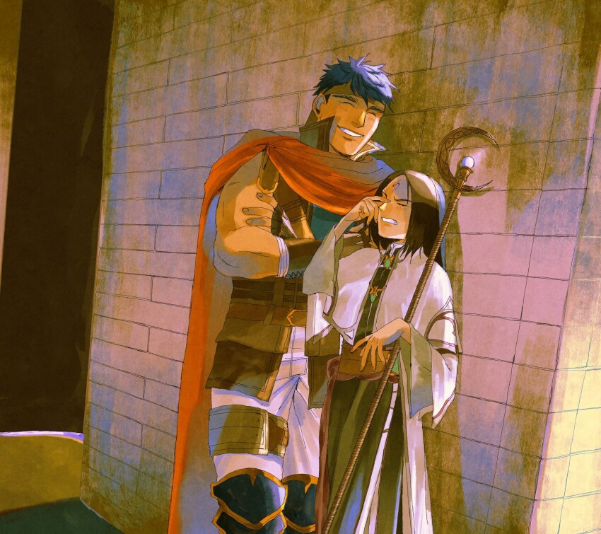 2boys alt_text black_hair blue_hair cape capelet closed_eyes commentary english_commentary facial_mark fire_emblem fire_emblem:_radiant_dawn forehead_mark highres ike_(fire_emblem) long_hair male_focus multiple_boys nintendo short_hair smile soren_(fire_emblem) soren_(radiant_confidant)_(fire_emblem) staff stone_wall taxkha