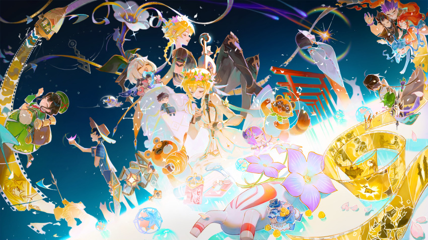 5boys 5girls absurdres aether_(genshin_impact) ball birthday_cake blonde_hair blue_sky bonanus_(genshin_impact) bosacius_(genshin_impact) brother_and_sister bug butterfly cake chinese_commentary closed_eyes commentary_request dutch_angle flower food genshin_impact guoba_(genshin_impact) hair_flower hair_ornament hanachirusato_(genshin_impact) harp head_wreath highres holding holding_instrument indarias_(genshin_impact) insect instrument lumine_(genshin_impact) lute_(instrument) mask menogias_(genshin_impact) multiple_boys multiple_girls music paimon_(genshin_impact) people playing_instrument purple_flower qiao2121 ruu_(genshin_impact) scenery shooting_star siblings sky smile standing tanuki temari_ball torii unworn_mask xiao_(genshin_impact)