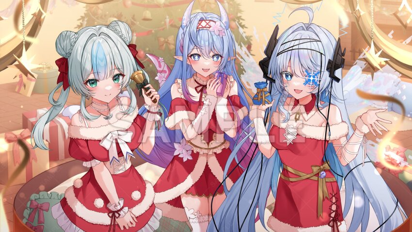 3girls ahoge bell blue_eyes blue_hair blush bow breasts bright_pupils bun_with_braided_base cable choker christmas_ornaments christmas_tree closed_mouth collar collarbone detached_collar double_bun dragon_horns dragon_tail dress frilled_choker frills fur-trimmed_collar fur-trimmed_dress fur_trim gift gradient_hair green_eyes grey_hair hair_bun hair_intakes hair_ribbon heart heart_necklace highres holding holding_bell holding_gift horns jewelry kamishiro_rita long_hair multicolored_hair multiple_girls necklace noa_talent open_mouth paruo_orh pillow pink_hair pointy_ears pom_pom_(clothes) red_collar red_dress red_ribbon ribbon sagisawa_ria sample_watermark santa_costume santa_dress sayu_sincronisity smile streaked_hair symbol-shaped_pupils tail virtual_youtuber watermark white_choker white_pupils white_ribbon yellow_bow