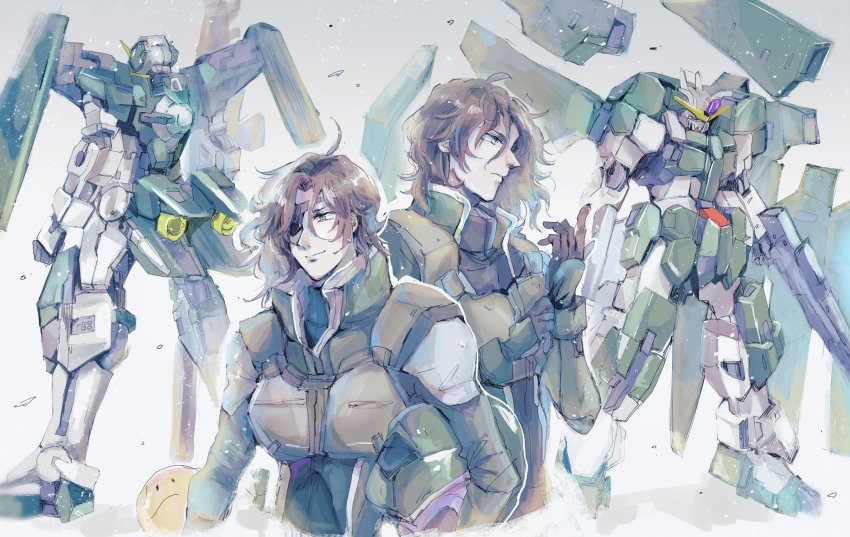 2boys beam_rifle bodysuit brown_hair commentary energy_gun energy_weapon eyepatch from_behind funnels_(gundam) gn_drive green_bodysuit green_eyes gun gundam gundam_00 gundam_00_a_wakening_of_the_trailblazer gundam_dynames gundam_zabanya haro helmet highres holding holding_helmet holding_weapon kare_(0621utak) lockon_stratos lyle_dylandy mecha mecha_pilot_suit medium_hair mobile_suit multiple_boys neil_dylandy normal_suit_(gundam) profile rifle robot science_fiction siblings simple_background sniper_rifle twins v-fin weapon
