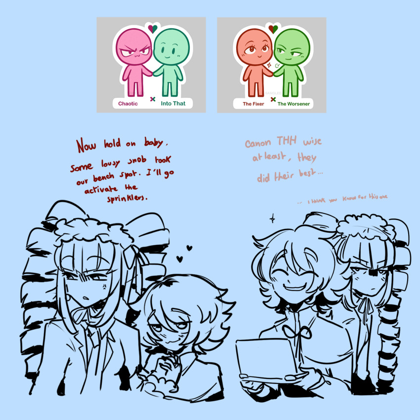 1boy 1girl :3 celestia_ludenberg computer danganronpa:_trigger_happy_havoc danganronpa_(series) drill_hair english_text fujisaki_chihiro heart highres holding holding_laptop jacket laptop long_hair looking_at_viewer necktie open_clothes open_jacket serious short_hair smile smug twin_drills twinklelitchii twintails