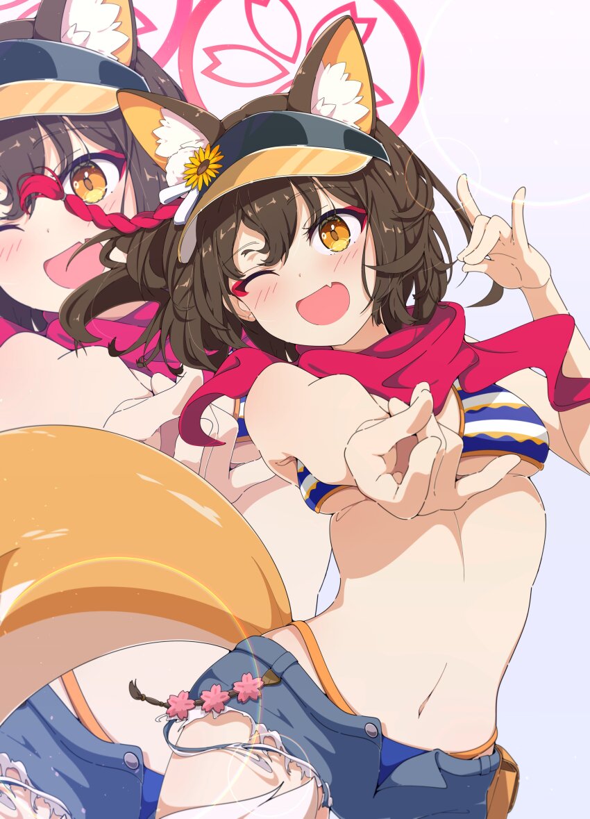1girl ;d absurdres animal_ear_fluff animal_ears bikini blue_archive blush breasts brown_hair commentary cowboy_shot denim denim_shorts dot_nose double_fox_shadow_puppet extra_ears eyeliner eyeshadow fang floating_hair flower_ornament fox_ears fox_girl fox_shadow_puppet fox_tail hair_between_eyes halo happy highleg highleg_bikini highres izuna_(blue_archive) izuna_(swimsuit)_(blue_archive) kame_(nokonoko10271) looking_at_viewer makeup medium_hair navel official_alternate_costume one_eye_closed open_fly open_mouth pink_halo red_eyeshadow red_scarf revision scarf shorts simple_background skin_fang small_breasts smile solo string_bikini striped_bikini striped_clothes swimsuit tail visor_cap white_background yellow_eyes zoom_layer