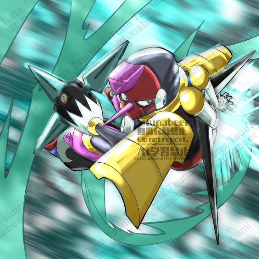 1boy capcom flying highres long_nose looking_at_viewer mask mega_man_(classic) mega_man_(series) mega_man_8 no_humans robot robot_ears tengu_man