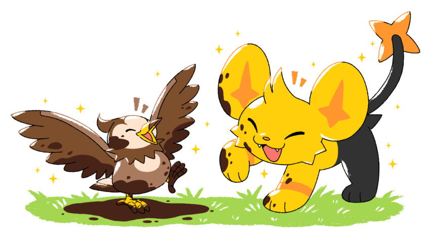 alternate_color bird closed_eyes commentary commission creature creature_focus dirty dirty_face dirty_feet english_commentary fangs gen_4_pokemon gotchibam grass ko-fi_commission mud nintendo no_humans on_grass open_mouth pokemon pokemon_(creature) pokemon_focus shinx shiny_pokemon simple_background smile sparkle sparkling_aura starly white_background