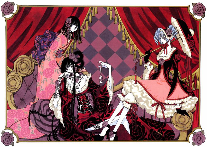 00s 3girls black_hair blue_hair character_request clamp highres ichihara_yuuko kimono kunogi_himawari long_hair multiple_girls official_art short_hair tagme very_long_hair xxxholic