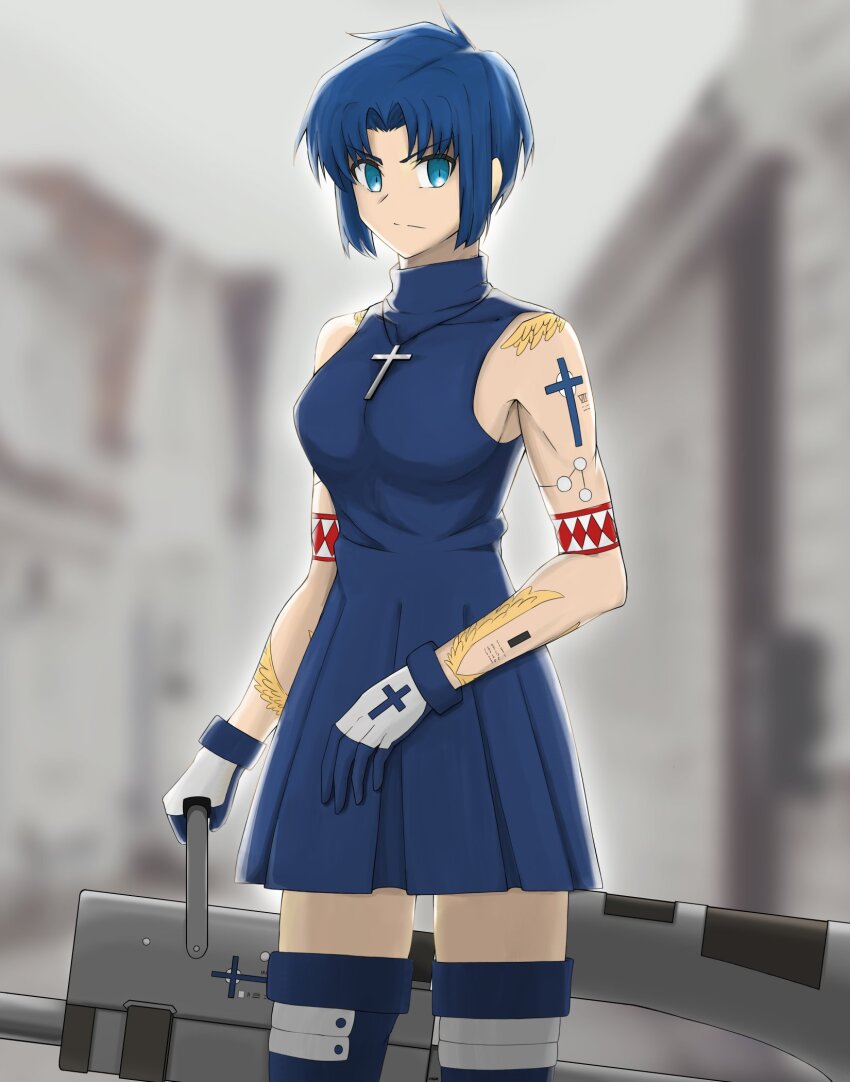 1girl angry arm_tattoo blue_dress blue_eyes blue_hair blurry blurry_background breasts chdr_anderson ciel_(tsukihime) cross crucifix dress female_focus gloves highres holding holding_weapon kagetsu_tooya looking_at_viewer medium_breasts melty_blood powered_ciel seventh_holy_scripture short_hair tattoo thighhighs tomboy tsukihime weapon