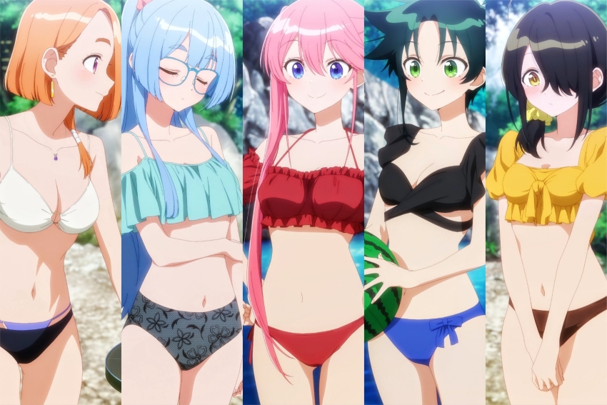 anime_screenshot belly bikini black_bra black_panties blue_bra blue_hair blue_panties bra breasts brown_hair cleavage food fruit green_hair grey_panties highres large_breasts medium_breasts multiple_girls navel orange_hair panties pink_hair red_bra red_panties shiunji-ke_no_kodomotachi shiunji_banri shiunji_kotono shiunji_minami shiunji_ouka shiunji_seiha small_breasts stitched stomach swimsuit third-party_edit underwear watermelon white_bra yellow_bra