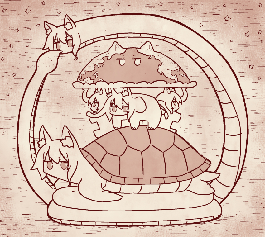5girls 6+girls animal_ear_fluff animal_ears animalization biting biting_own_tail blush discworld elephant fox_ears fox_girl fox_tail great_a&#039;tuin hair_between_eyes highres kemomimi-chan_(naga_u) long_hair looking_at_viewer monochrome multiple_girls naga_u original ouroboros planet profile sepia sidelocks star_(symbol) tail tail_biting turtle turtle_shell v-shaped_eyebrows