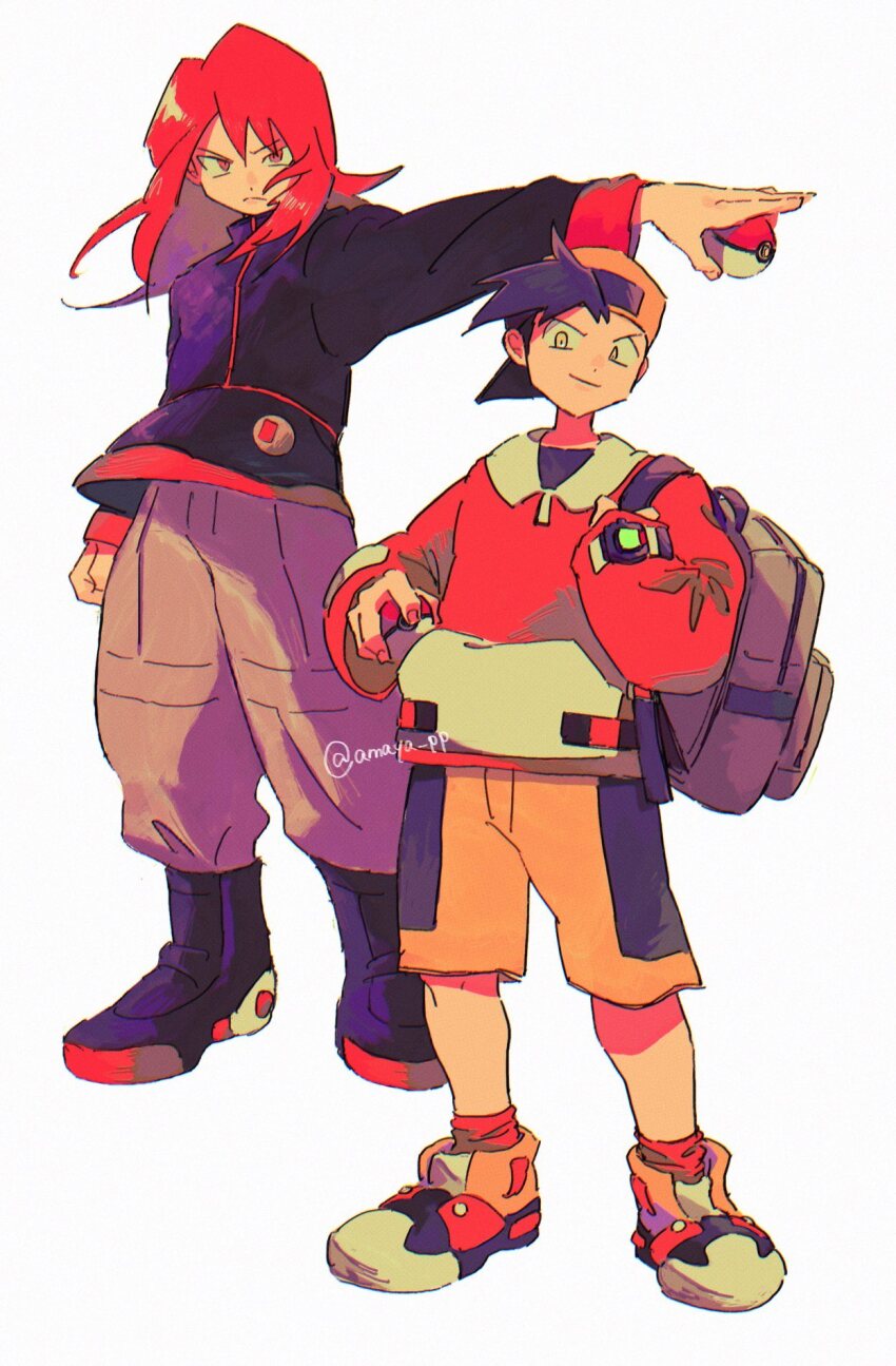 2boys amaya_uw backwards_hat baseball_cap black_hair ethan_(pokemon) hat highres holding holding_poke_ball jacket long_hair male_focus multiple_boys nintendo pants poke_ball poke_ball_(basic) pokegear pokemon pokemon_gsc red_hair shirt shorts silver_(pokemon) smile standing turtleneck turtleneck_jacket yellow_headwear yellow_shorts