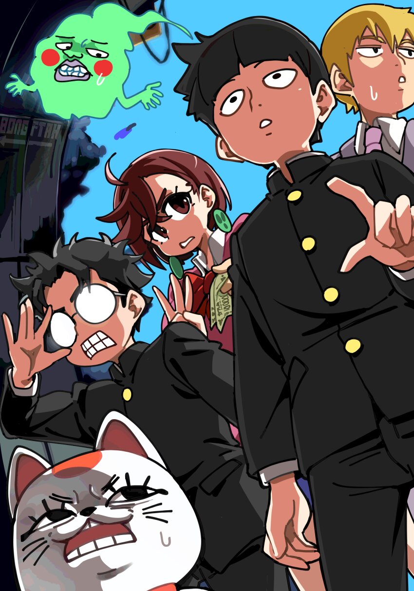 1girl 3boys absurdres ayase_momo black_pants blonde_hair bongfill brown_eyes brown_hair cat collared_shirt dandadan earrings ekubo_(mob_psycho_100) glasses highres jewelry kageyama_shigeo long_sleeves mob_psycho_100 multiple_boys necktie open_mouth pants parted_lips pointing reigen_arataka round_eyewear school_uniform shirt sweatdrop takakura_ken_(dandadan) teeth turbo_granny_(dandandan)