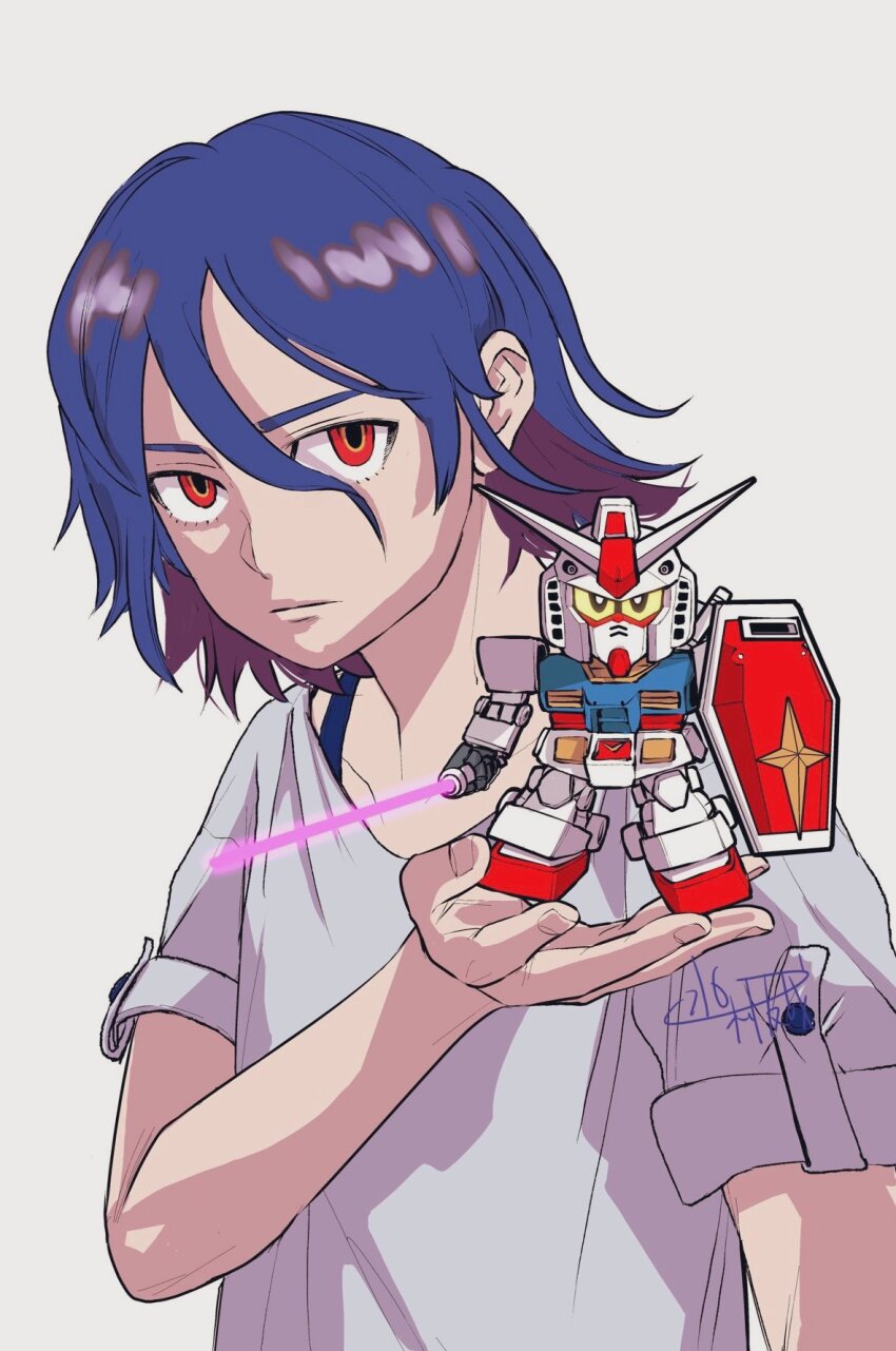 1boy blue_hair colored_inner_hair commentary energy_sword gundam gundam_gquuuuuux gunpla highres holding holding_toy lower_eyelashes_only male_focus mizumura_yuya mobile_suit model_kit multicolored_hair purple_hair red_eyes rx-78-2_gundam sd_gundam shield shirt short_hair shuji_ito simple_background solo sword toy two-tone_hair upper_body weapon white_background white_shirt