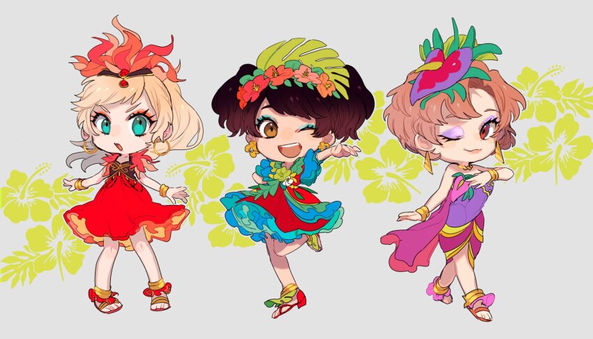 3girls animification blue_eyes brown_hair clarice_(disney) daisy_duck disneyland dress eyelashes flower full_body hair_flower hair_ornament highres humanization looking_at_viewer mickey_mouse_&amp;_friends minnie_mouse moov_(mb_52) multiple_girls open_mouth personification short_hair smile