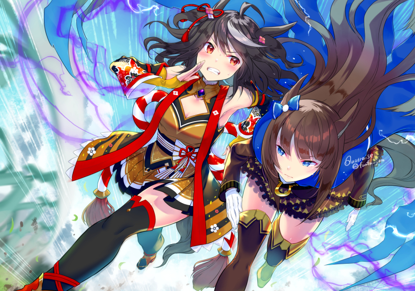 2girls animal_ears artist_name aura black_hair blue_eyes blush breasts cape cleavage cleavage_cutout clothing_cutout commentary_request day deep_impact_(umamusume) detached_sleeves electricity emphasis_lines gloves hair_ornament horse_ears horse_girl horse_tail kitasan_black_(umamusume) kouhaku_nawa long_hair looking_at_another medium_breasts medium_hair multiple_girls outdoors quatraise rope running shimenawa signature sweat tail thighhighs twitter_username umamusume
