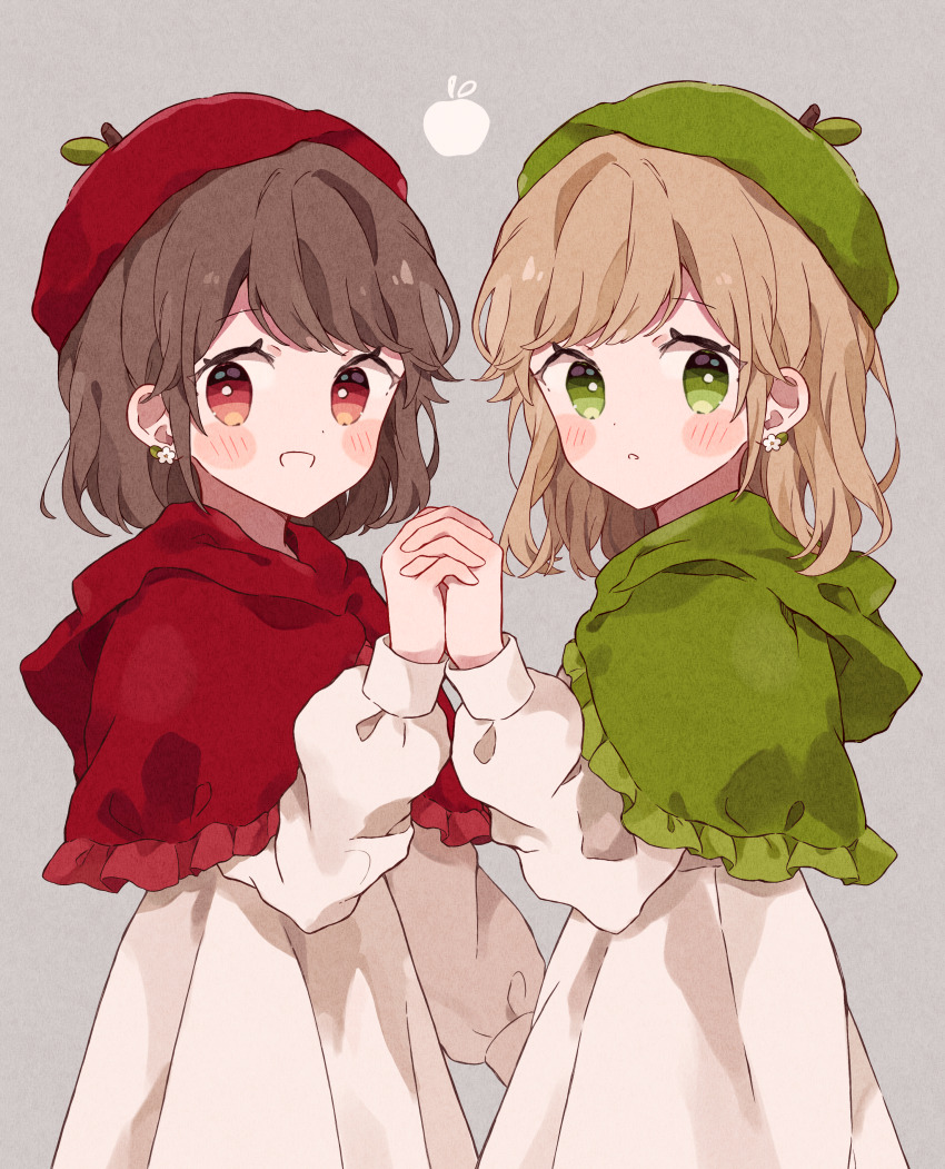 2girls absurdres apple_print beret blonde_hair blush_stickers bright_pupils brown_hair capelet color_coordination cowboy_shot dress earrings flower_earrings food_print fruit_print green_capelet green_eyes green_hat grey_background grin hat highres holding_hands hood hooded_capelet ibispaint_(medium) interlocked_fingers jewelry long_sleeves looking_at_viewer medium_hair multiple_girls napo_(napo_illust) original parted_lips red_capelet red_eyes red_hat simple_background smile standing swept_bangs symmetry white_dress white_pupils