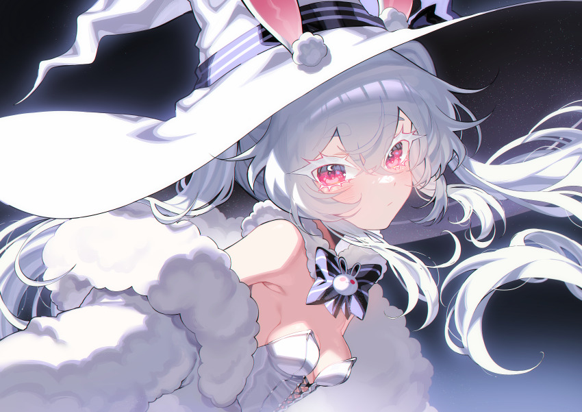 1girl absurdres animal_ear_fluff animal_ears bare_shoulders blush bow bowtie breasts cleavage closed_mouth commentary_request cross-laced_clothes cross-laced_leotard detached_sleeves ears_through_headwear hair_between_eyes hat highres large_hat leotard long_hair looking_at_viewer night night_sky original playboy_bunny rabbit_ears rabbit_girl red_eyes savi_(byakushimc) sidelocks sky small_breasts solo star_(sky) strapless strapless_leotard thick_eyebrows thick_eyelashes twintails upper_body white_hair white_hat white_leotard white_sleeves witch_hat