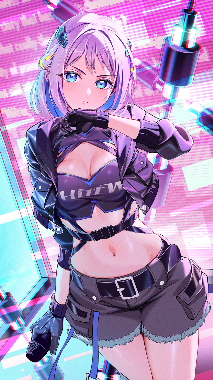 1girl belt black_gloves blue_eyes blush breasts cleavage commentary cowboy_shot cropped_jacket english_commentary frown gakuen_idolmaster gloves half_updo highres holding holding_microphone idolmaster jacket kainown katsuragi_lilja long_sleeves looking_at_viewer medium_breasts medium_hair microphone midriff navel open_clothes open_jacket pink_hair shorts solo white_hair